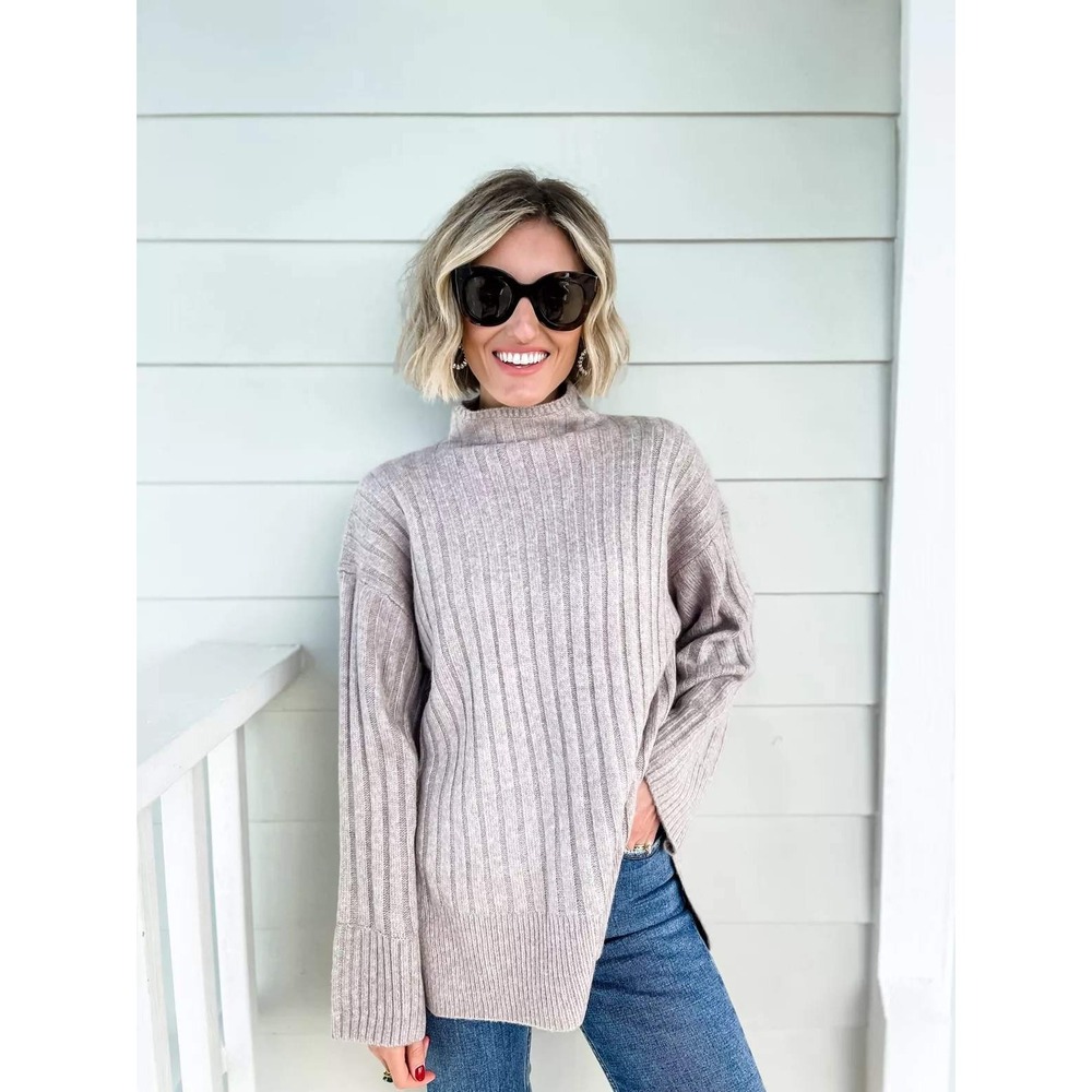 $198 TULAROSA Ribbed Mock Neck Sweater Light Taupe Oversized Long Sleeve XS